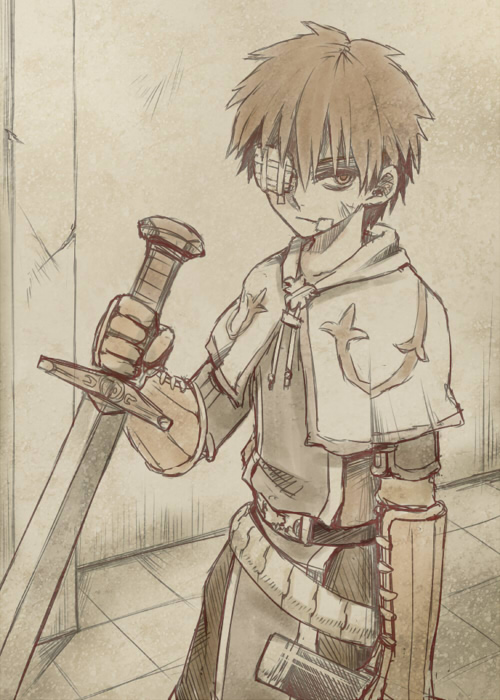 1boy bandage_over_one_eye bangs belt capelet closed_mouth commentary_request cowboy_shot hair_between_eyes holding holding_sword holding_weapon indoors looking_at_viewer male_focus misuguu monochrome ragnarok_online scabbard sepia sheath shirt short_hair shorts solo sword swordsman_(ragnarok_online) tile_floor tiles wall weapon