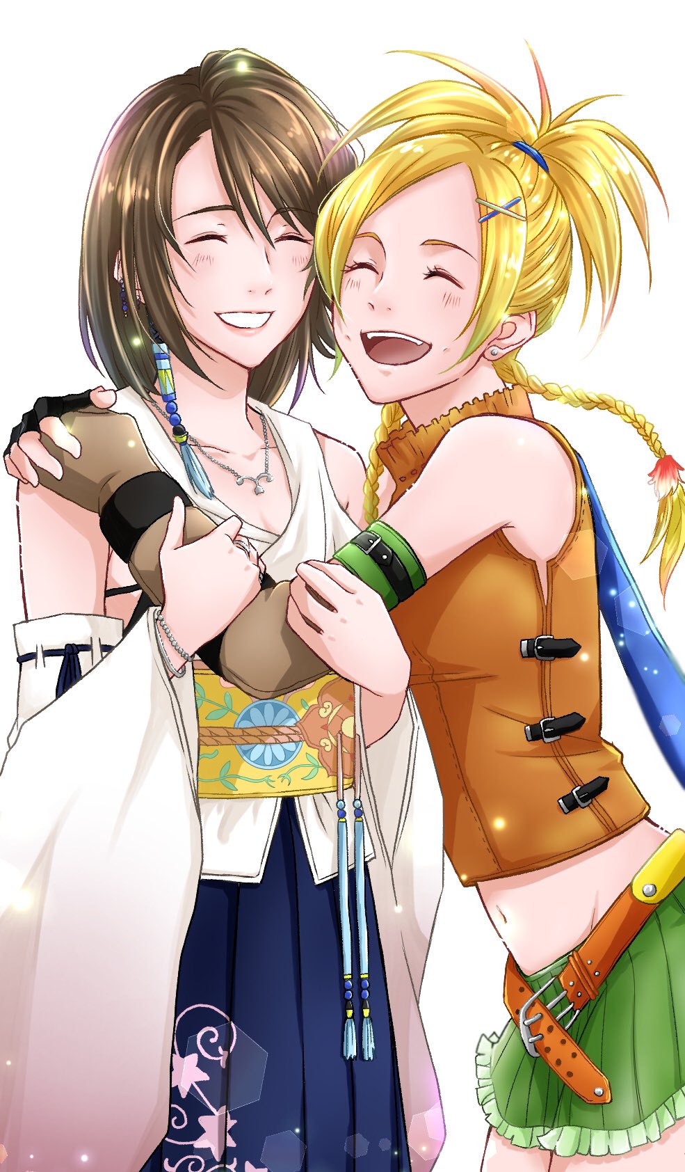 2girls blonde_hair braid breasts brown_hair cousins detached_sleeves earrings final_fantasy final_fantasy_x gloves hair_ornament hairclip hakama highres hiyoko2929 japanese_clothes jewelry long_hair multiple_girls navel necklace open_mouth rikku short_hair simple_background smile white_background x_hair_ornament yuna_(ff10)