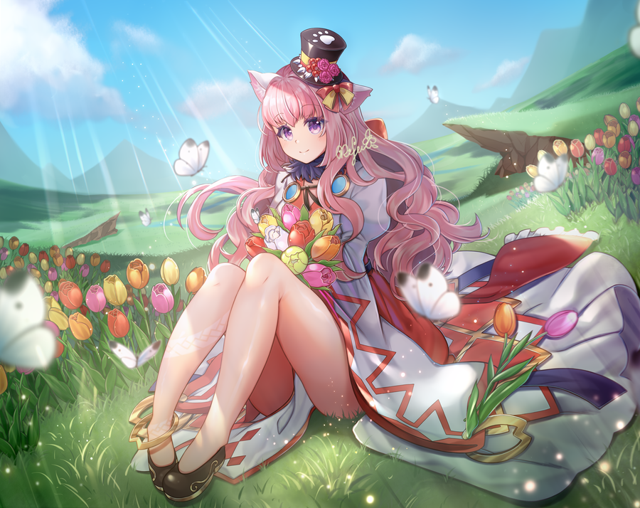 1girl animal_ears anklet bangs black_footwear blue_sky blush bouquet bug butterfly cat_ears closed_mouth clouds commentary_request day dress eyebrows_visible_through_hair fisheye flower full_body grass hat insect jewelry long_hair looking_at_viewer mountainous_horizon orange_flower outdoors paw_print pink_flower pink_hair ragnarok_online red_flower rifu_skr shoes sitting sky smile solo sorcerer_(ragnarok_online) sunlight top_hat tulip violet_eyes wavy_hair white_butterfly white_dress yellow_flower