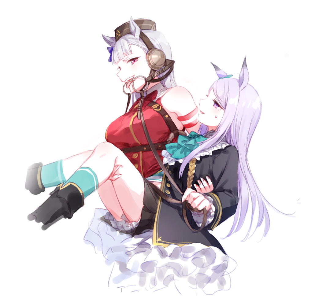 2girls animal_ears aqua_legwear boots carrying garrison_cap gold_ship_(umamusume) hat horse_ears kneehighs light_purple_hair long_hair mejiro_mcqueen_(umamusume) multiple_girls princess_carry reins romi_(346_ura) silver_hair sweatdrop tongue tongue_out umamusume violet_eyes