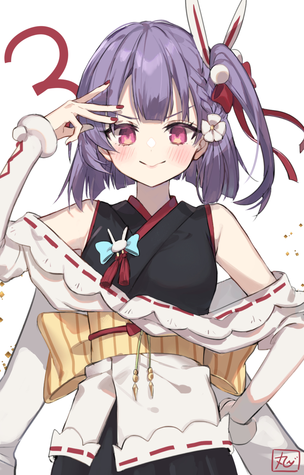 1girl animal_ears anniversary bangs bare_shoulders bow braid chibirisu fake_animal_ears flower hair_bow hair_flower hair_ornament hand_on_hip hand_up highres japanese_clothes nail_polish obi off_shoulder one_side_up purple_hair rabbit_ears red_eyes red_nails sash short_hair simple_background single_braid solo symbol_in_eye tenjin_kotone tenjin_kotone_(channel) virtual_youtuber white_background
