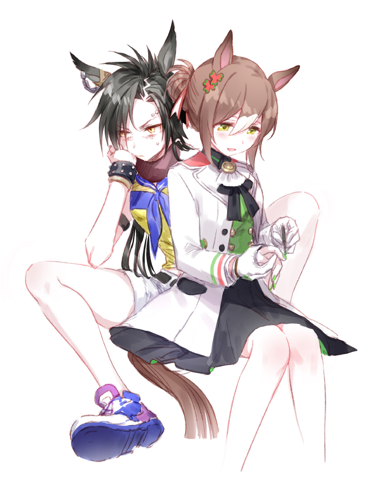 2girls :d air_shakur_(umamusume) animal_ears bags_under_eyes black_neckwear blue_neckwear blush clover_hair_ornament commentary_request eyebrow_piercing fine_motion_(umamusume) green_nails hair_ornament hand_on_own_cheek hand_on_own_face horse_ears multiple_girls nail_polish open_mouth painting_nails piercing romi_(346_ura) shoes sitting smile sneakers studded_bracelet umamusume v-shaped_eyebrows wavy_mouth