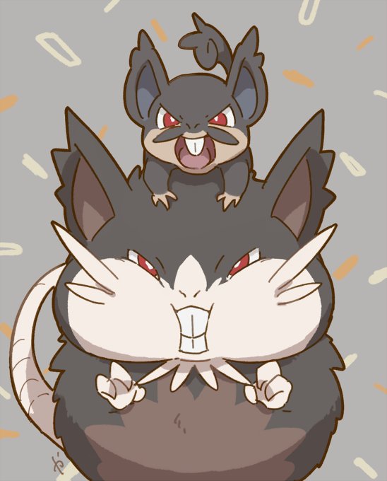 alolan_form alolan_raticate alolan_rattata bright_pupils commentary_request evolutionary_line fangs gen_7_pokemon grey_background kaniharu looking_at_viewer no_humans open_mouth pokemon pokemon_(creature) red_eyes tongue white_pupils