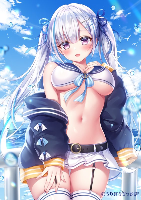 1girl bare_shoulders belt blue_jacket breasts bubble clouds cowboy_shot crop_top day front-tie_top garter_straps hair_ornament hair_ribbon hairclip hand_up jacket large_breasts long_hair long_sleeves looking_at_viewer microskirt midriff miniskirt mitsuba_choco multicolored_hair navel off_shoulder open_clothes open_jacket open_mouth original outdoors pleated_skirt ribbon sailor_bikini sailor_collar shirt sidelocks skirt sleeveless sleeveless_shirt smile solo stomach streaked_hair thigh-highs thigh_gap twintails under_boob violet_eyes water white_hair white_legwear white_shirt white_skirt zettai_ryouiki