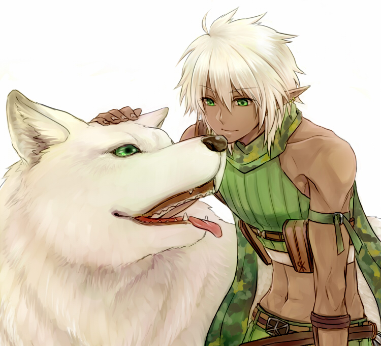 1boy bangs belt brown_belt camouflage_scarf closed_mouth commentary_request crop_top dark_skin dark_skinned_male earrings eyebrows_visible_through_hair green_eyes green_shirt green_shorts hair_between_eyes headpat jewelry looking_at_animal male_focus midriff misuguu navel pointy_ears pouch ragnarok_online ranger_(ragnarok_online) shirt short_hair shorts simple_background sleeveless sleeveless_shirt smile upper_body white_background white_hair wolf