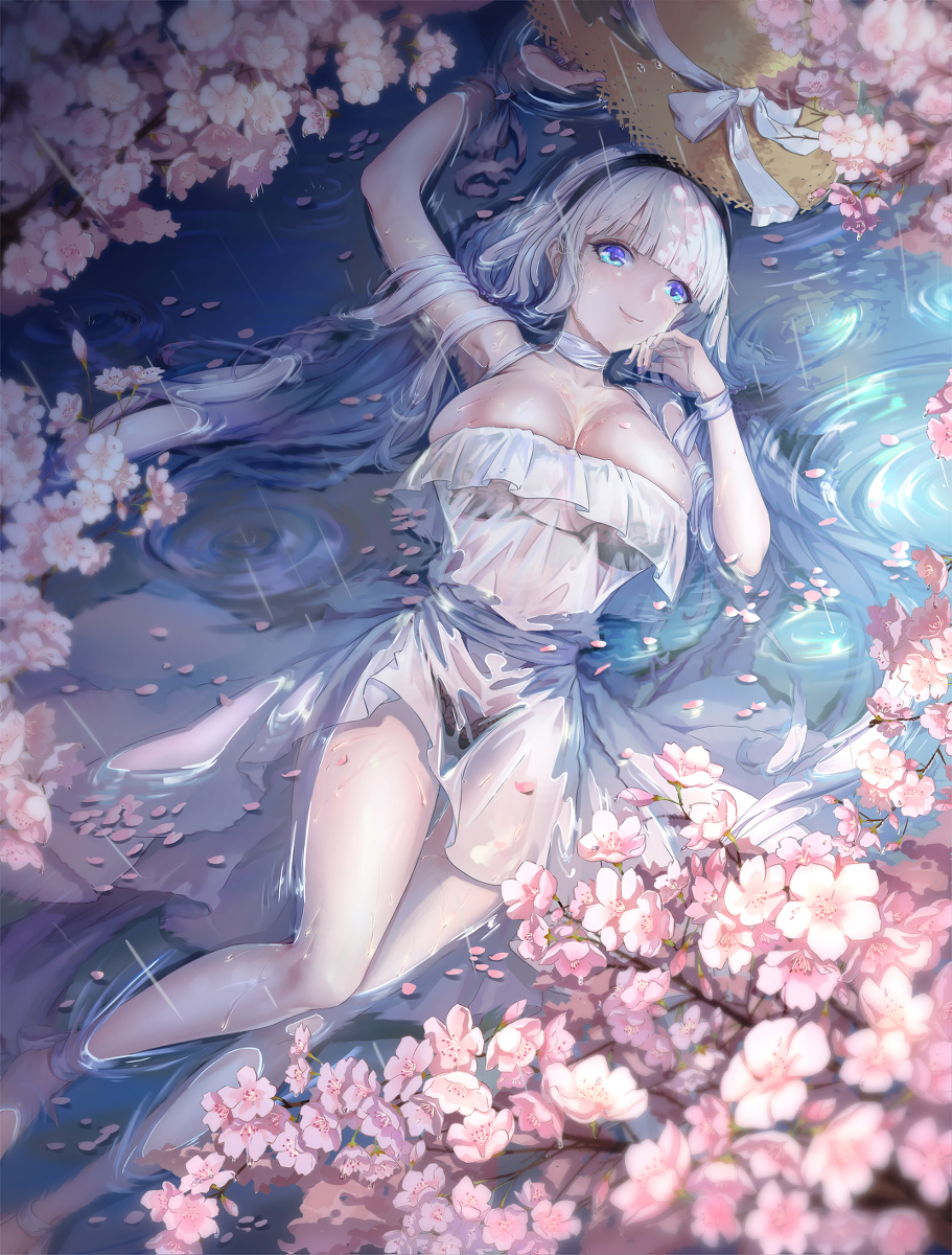 1girl azur_lane black_bra black_panties blue_eyes bra bra_peek breasts cherry_blossoms detached_collar dress feet_out_of_frame from_above highres illustrious_(azur_lane) large_breasts long_hair lying on_back panties see-through sleeveless sleeveless_dress smile solo strapless strapless_dress theleopardcat underwear very_long_hair wet wet_clothes white_dress white_hair