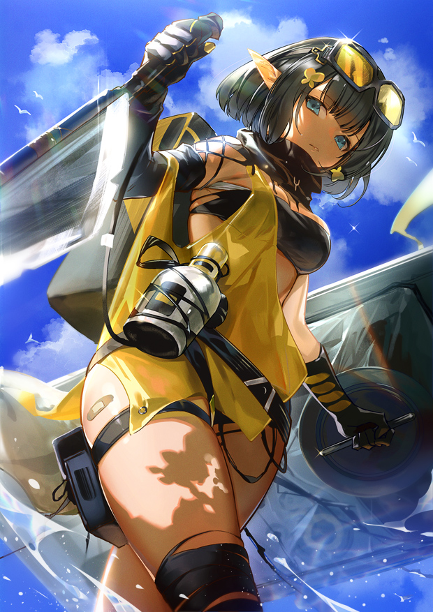 1girl arknights axe bandaid bandaid_on_leg bandeau bangs black_gloves black_hair blue_eyes bottle breasts commentary_request day dress dual_wielding elbow_gloves eunectes_(arknights) eyebrows_visible_through_hair from_below gloves goggles goggles_on_head hair_ornament has_otm holding holding_axe holding_shield medium_breasts pointy_ears shield short_hair sky solo strapless tail thigh_strap thighs tubetop yellow_dress