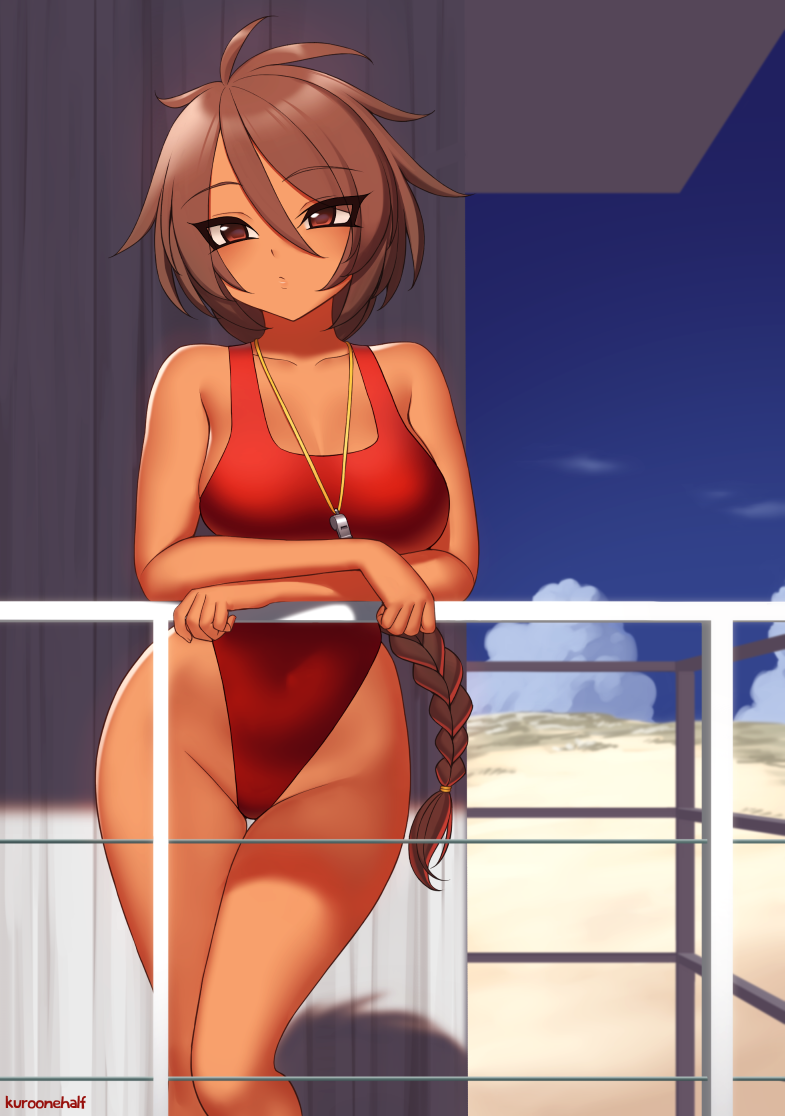 1girl blue_sky braid brown_eyes brown_hair clouds commentary_request cowboy_shot dark_skin dark-skinned_female day highleg highleg_swimsuit kuroonehalf lifeguard long_hair one-piece_swimsuit original outdoors railing red_swimsuit single_braid sky solo swimsuit whistle whistle_around_neck