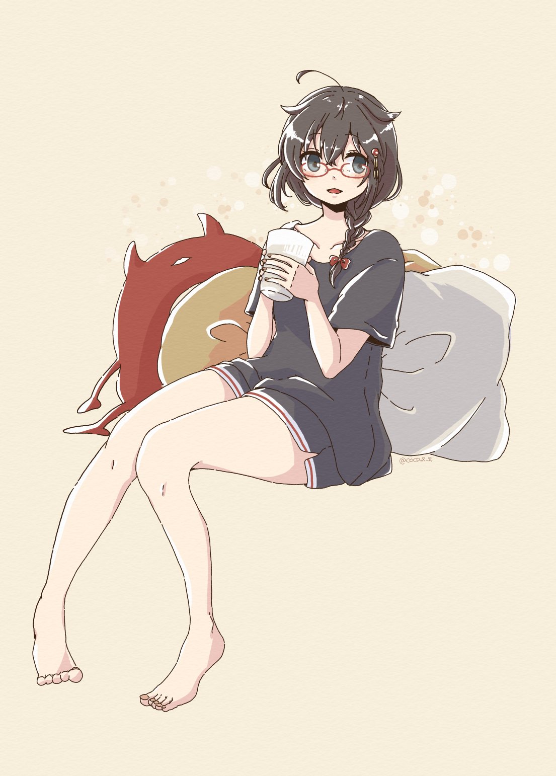 1girl abyssal_ship ahoge alternate_costume barefoot bespectacled black_hair black_shirt blue_eyes braid casual cocax_x commentary_request enemy_lifebuoy_(kancolle) full_body glasses hair_flaps hair_ornament hair_over_shoulder highres kantai_collection looking_at_viewer pillow remodel_(kantai_collection) shigure_(kancolle) shirt single_braid sitting t-shirt
