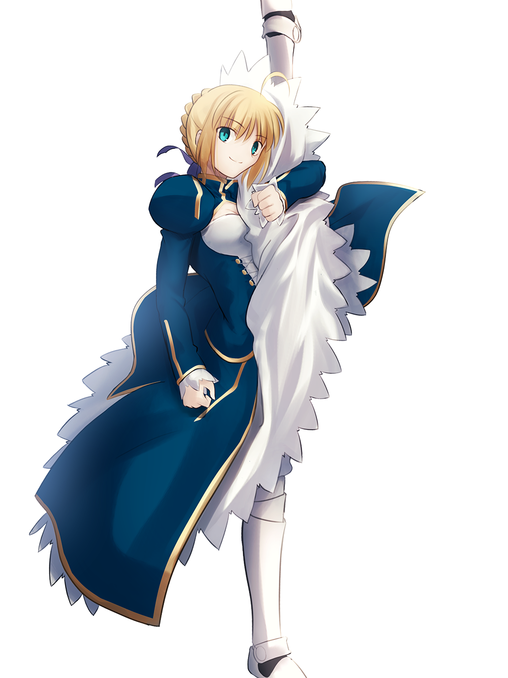 1girl armor armored_dress artoria_pendragon_(all) blonde_hair blue_eyes braid breasts fate/grand_order fate_(series) hair_ribbon highres looking_at_viewer migiha ribbon saber simple_background solo split standing standing_on_one_leg standing_split type-moon white_background