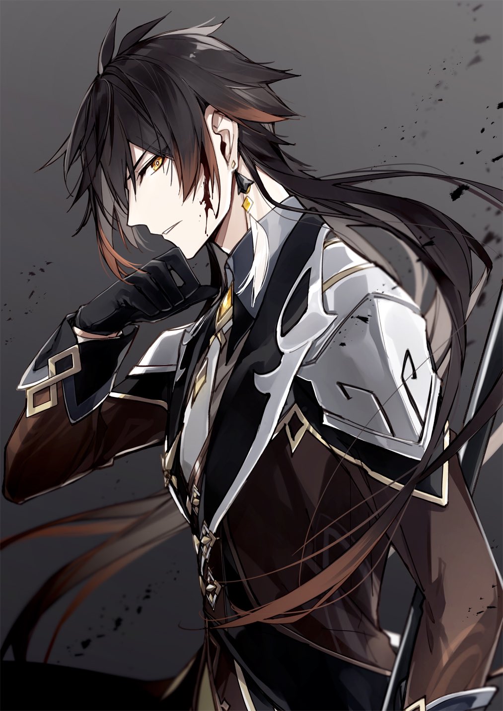 1boy bangs black_gloves black_hair blood blood_on_face collared_shirt commentary_request earrings eyeliner eyeshadow formal from_side genshin_impact gloves gradient_hair hair_between_eyes highres holding holding_spear holding_weapon jacket jewelry long_hair long_sleeves looking_at_viewer makeup male_focus mochizuki_shiina multicolored_hair necktie open_mouth orange_hair polearm ponytail red_eyeshadow shirt simple_background single_earring solo spear suit symbol_commentary tassel tassel_earrings weapon yellow_eyes zhongli_(genshin_impact)
