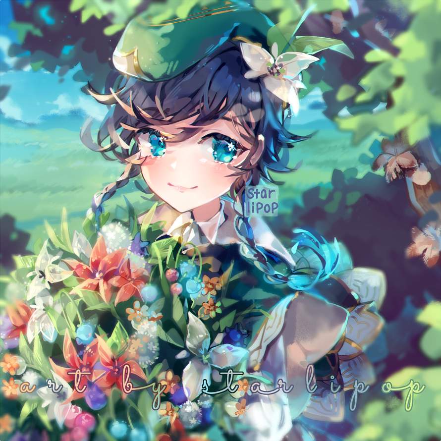 1boy androgynous bangs beret black_hair blue_flower blue_hair blurry blurry_background bouquet bow braid cape closed_mouth clouds cloudy_sky collared_cape collared_shirt flower genshin_impact glowing glowing_hair gradient_hair green_eyes green_headwear hair_flower hair_ornament hat leaf looking_at_viewer male_focus multicolored_hair red_flower shirt short_hair_with_long_locks sky smile solo starlipop twin_braids venti_(genshin_impact) white_flower white_shirt