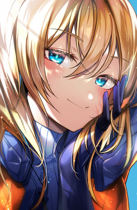 1girl alternate_hair_length alternate_hairstyle apex_legends bangs blonde_hair blue_bodysuit blue_eyes blue_gloves blush bodysuit close-up eyebrows_visible_through_hair gloves hair_between_eyes hand_on_own_cheek hand_on_own_face jacket lichtenberg_figure medium_hair nitogebeto orange_jacket ribbed_bodysuit scar scar_on_cheek scar_on_face smile solo wattson_(apex_legends)