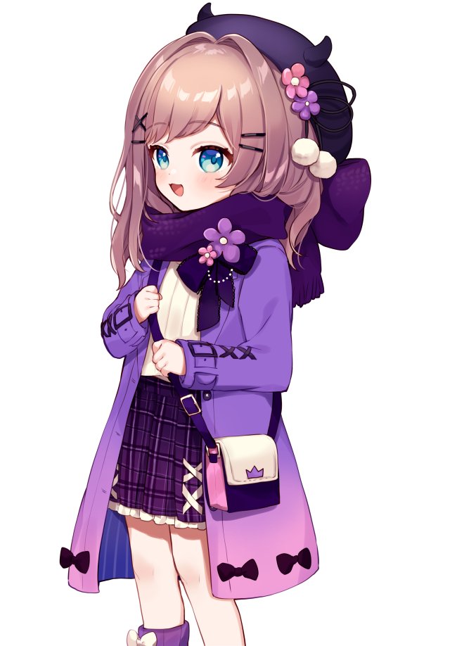 1girl :d bag bangs beret blue_eyes blush brown_hair coat commentary_request eyebrows_visible_through_hair fake_horns feet_out_of_frame flower fringe_trim hair_flower hair_ornament hairclip hat horned_headwear horns long_sleeves looking_at_viewer nijisanji open_clothes open_coat open_mouth pink_flower plaid plaid_skirt pleated_skirt purple_coat purple_flower purple_headwear purple_legwear purple_scarf purple_skirt ribbed_legwear ribbed_shirt scarf shirt shoulder_bag simple_background single_sock skirt sleeves_past_wrists smile socks solo standing suzuhara_lulu virtual_youtuber white_background white_shirt x_hair_ornament yamabukiiro