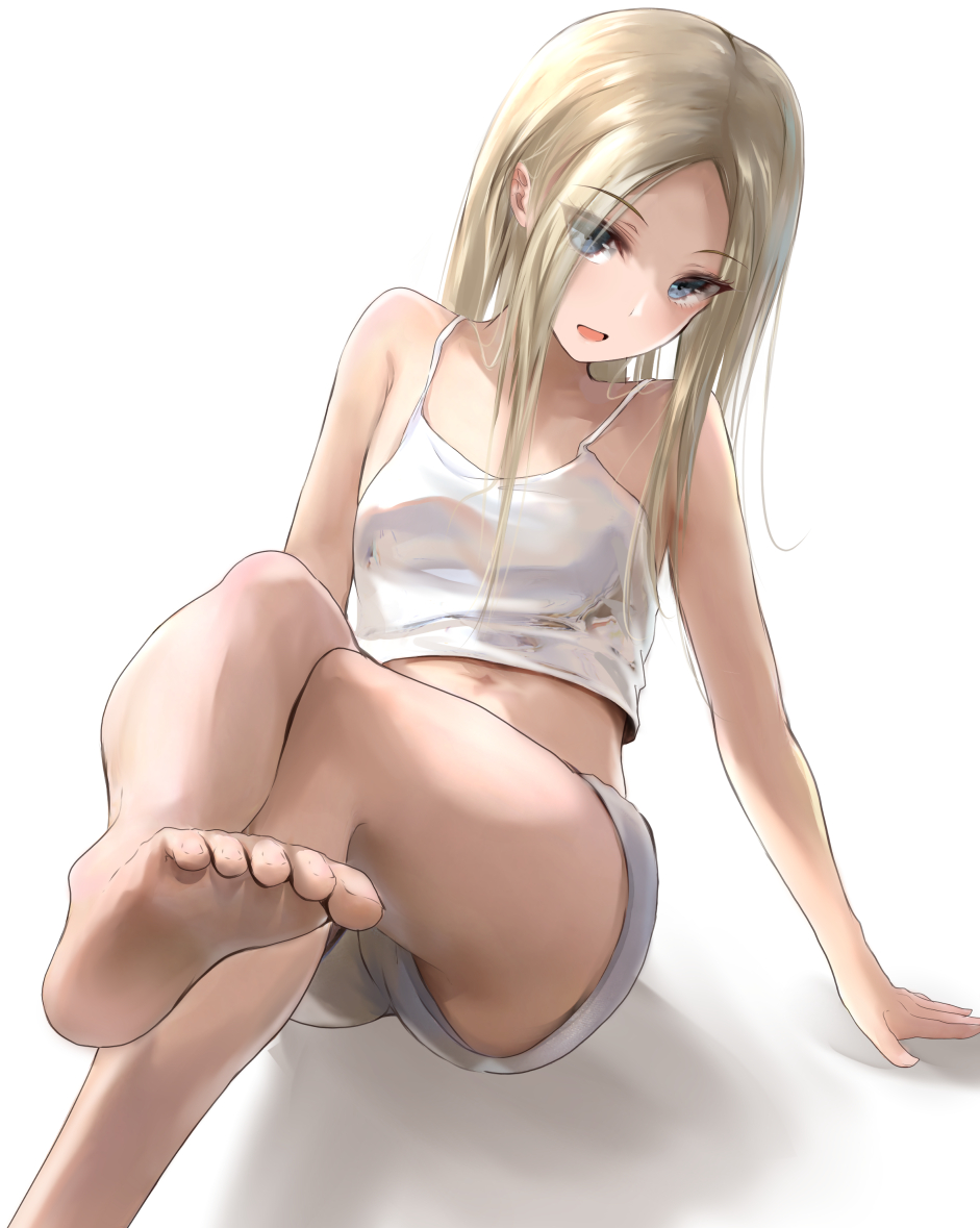 1girl abigail_williams_(fate) bangs barefoot blonde_hair blue_eyes blush breasts fate/grand_order fate_(series) feet forehead legs long_hair looking_at_viewer open_mouth parted_bangs sakazakinchan sidelocks small_breasts smile