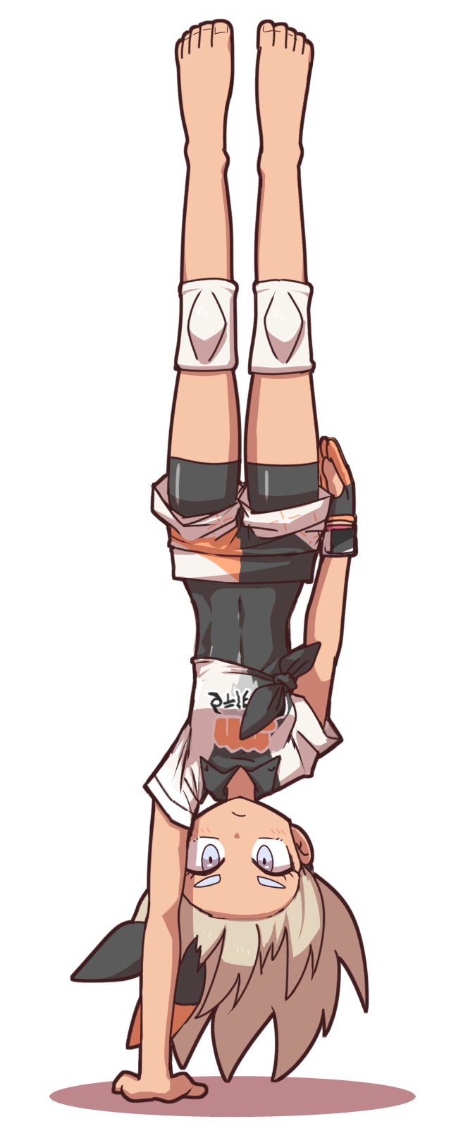 1girl bangs barefoot bea_(pokemon) black_bodysuit black_hairband bodysuit bodysuit_under_clothes closed_mouth commentary covered_navel dark_skin dark-skinned_female frown full_body gloves grey_eyes grey_hair gym_leader hairband handstand highres knee_pads kurachi_mizuki looking_at_viewer medium_hair pokemon pokemon_(game) pokemon_swsh print_shirt print_shorts shadow shirt short_sleeves shorts simple_background single_glove solo tied_shirt two-tone_gloves upside-down white_background you're_doing_it_wrong