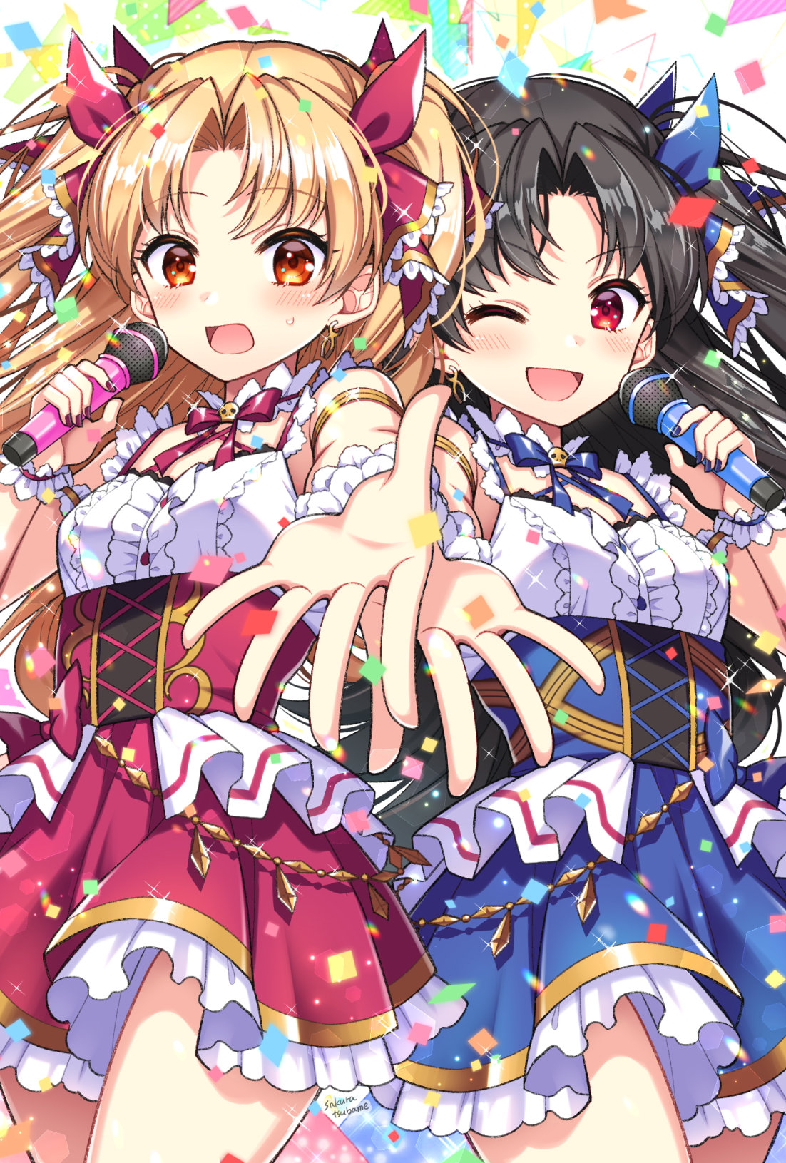 2girls black_hair blonde_hair blue_ribbon cleavage_cutout clothing_cutout earrings ereshkigal_(fate) fate/grand_order fate_(series) frilled_skirt frills hair_ribbon hand_up highres holding holding_microphone ishtar_(fate) ishtar_(fate)_(all) jewelry microphone multiple_girls music one_eye_closed open_mouth red_eyes red_ribbon red_skirt ribbon sakura_tsubame shirt singing skirt sleeveless sleeveless_shirt smile sweatdrop wrist_cuffs