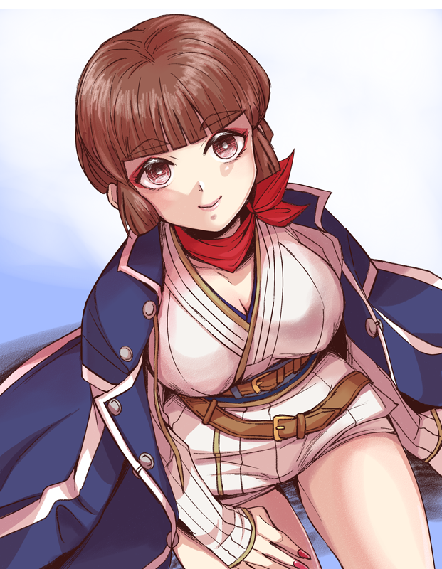 1girl bangs blunt_bangs brown_eyes brown_hair coat isabeau_(smt) japanese_clothes looking_at_viewer red_eyes shin_megami_tensei shin_megami_tensei_iv short_hair simple_background smile solo yk