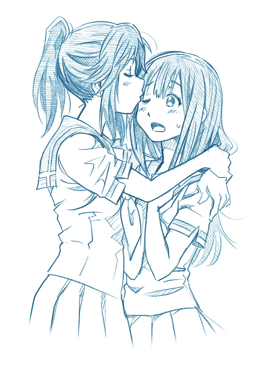 2girls bbb_(friskuser) blush closed_eyes closed_mouth graphite_(medium) hibike!_euphonium highres holding hug kasaki_nozomi kiss kitauji_high_school_uniform liz_to_aoi_tori long_hair monochrome multiple_girls neckerchief one_eye_closed open_mouth pleated_skirt ponytail sailor_collar school_uniform serafuku shirt short_sleeves simple_background skirt standing traditional_media white_background white_shirt yoroizuka_mizore yuri