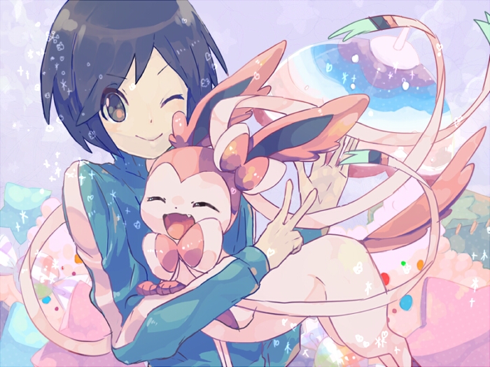 1boy bangs black_hair blue_jacket buntatta calem_(pokemon) closed_mouth commentary_request eyelashes gen_6_pokemon grey_eyes jacket long_sleeves looking_at_viewer male_focus one_eye_closed pokemon pokemon_(creature) pokemon_(game) pokemon_xy short_hair smile sylveon upper_body v v-shaped_eyebrows