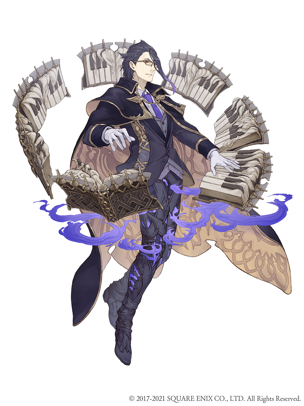 1boy book cloak dark_blue_hair formal full_body glasses gloves gold_trim gradient_hair hair_slicked_back hameln_(sinoalice) highres instrument ji_no looking_at_viewer multicolored_hair necktie official_art piano purple_hair red_eyes sinoalice solo square_enix suit white_background white_gloves