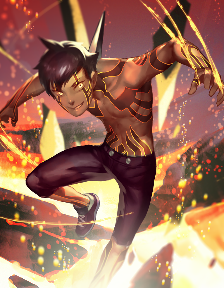 1boy abs black_hair fire full_body_tattoo hitoshura looking_at_viewer male_focus molten_rock muscular navel shin_megami_tensei shin_megami_tensei_iii:_nocturne shirtless shoes short_hair shorts simple_background smile solo tattoo yellow_eyes