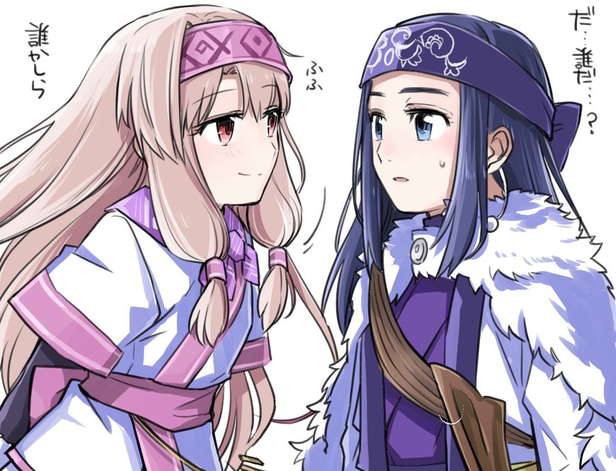 2girls ainu_clothes asirpa belt blue_eyes blue_hair coat fate/grand_order fate_(series) golden_kamuy hairband long_hair multiple_girls open_mouth orange_hair ribbon silver_hair simple_background sitonai_(fate) smile twintails white_background yuuma_(u-ma)