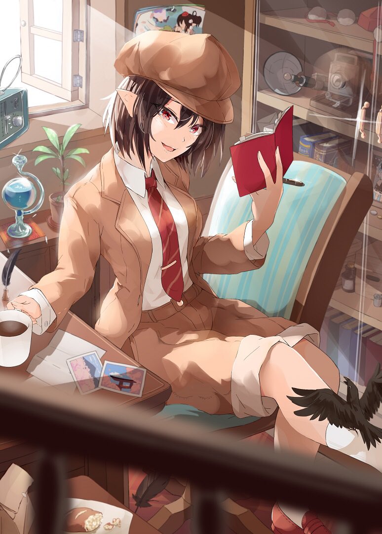1girl bag bird blazer book bookshelf bread brown_hair brown_jacket cabbie_hat camera coffee coffee_mug collared_shirt crow cup feathers flat_cap flower_pot food hat holding holding_book holding_pen indoors jacket kagami_toufu looking_at_viewer mug necktie official_alternate_costume open_blazer open_clothes open_jacket open_mouth open_window pants pants_rolled_up paper_bag pen plant pointy_ears quill radio red_eyes red_neckwear shameimaru_aya shirt short_hair shorts smile socks solo sunlight table tokin_hat touhou white_legwear white_shirt window