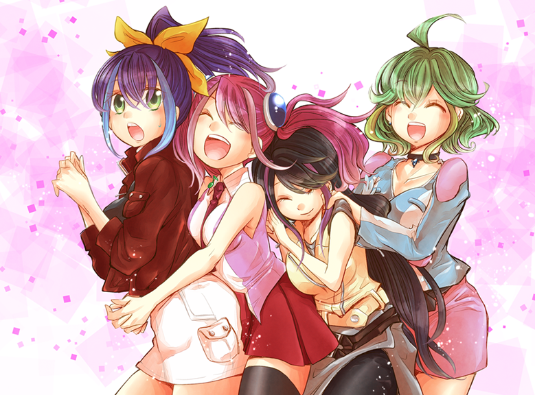 4girls ^o^ ahoge blue_hair blush bracelet_girls choker earrings exposed_shoulders feathers green_eyes green_hair happy high_ponytail hiiragi_yuzu hug jacket kurosaki_ruri large_breasts long_hair medium_breasts multicolored_hair pink_hair ponytail purple_hair rin_(yuu-gi-ou_arc-v) rinnya serena_(yuu-gi-ou_arc-v) short_twintails uniform yellow_bow yuu-gi-ou yuu-gi-ou_arc-v