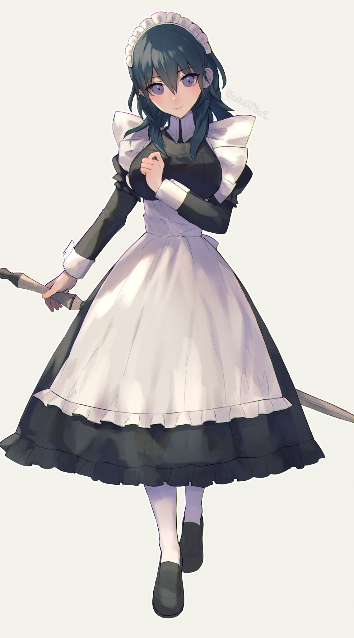1girl alternate_costume apron bangs black_dress black_footwear blue_hair byleth_(fire_emblem) byleth_eisner_(female) commentary_request dress enmaided eyebrows_visible_through_hair fire_emblem fire_emblem:_three_houses frilled_dress frills full_body grey_background hair_between_eyes hand_up head_tilt highres holding holding_weapon loafers long_hair long_sleeves looking_at_viewer maid maid_apron maid_headdress mano_(m1n0f2e1) shiny shiny_hair shoes sidelocks simple_background solo twitter_username violet_eyes weapon white_legwear