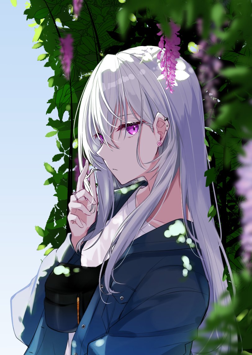 1girl blue_background blurry character_request copyright_request depth_of_field earrings frown grey_hair hair_between_eyes jacket jewelry long_hair looking_at_viewer multiple_piercings plant_request ring shirt solo upper_body violet_eyes white_shirt zyenokana