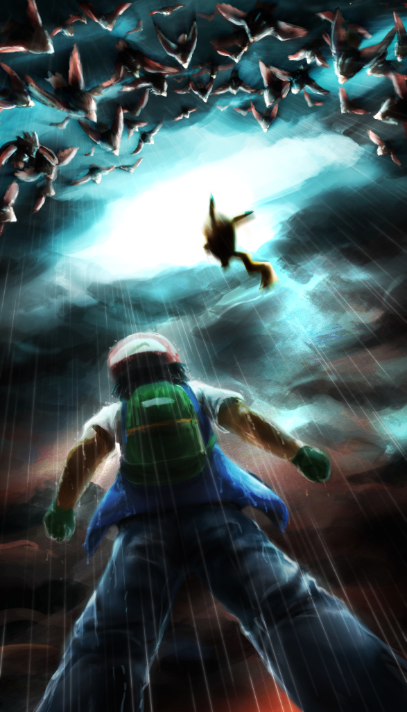 1boy ash_ketchum backpack bag baseball_cap bird black_hair blurry clenched_hands clouds commentary_request dokkan_hiloki from_below gen_1_pokemon gloves green_bag green_gloves hat jacket male_focus pants pikachu pokemon pokemon_(anime) pokemon_(classic_anime) pokemon_(creature) rain short_sleeves spearow