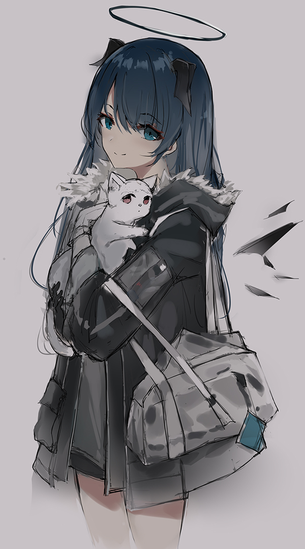 1girl animal arknights bag bangs black_coat black_shorts cat closed_mouth coat cowboy_shot cuy7 demon_horns detached_wings eyebrows_visible_through_hair fur_trim grey_shirt hair_between_eyes halo hand_up holding holding_animal horns long_hair long_sleeves looking_at_viewer looking_to_the_side mostima_(arknights) purple_hair shirt shorts sidelocks simple_background smile solo standing thighs violet_eyes wings