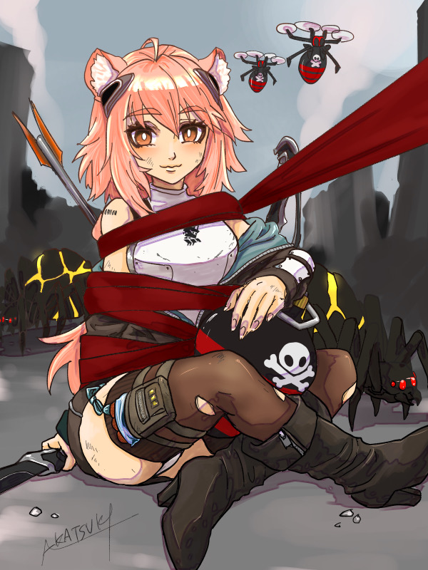 1girl aka_(ryueru_87) animal_ear_fluff animal_ears arknights armor arrow_(projectile) bangs bare_shoulders black_footwear black_jacket black_legwear bombtail_(arknights) boots bound breastplate brown_eyes commentary_request drone eyebrows_visible_through_hair gravel_(arknights) high_heel_boots high_heels indian_style jacket kingdom_of_kazimierz_logo long_hair long_sleeves looking_at_viewer off_shoulder originium_slug_(arknights) outdoors pink_hair sitting skull_and_crossbones solo thigh_strap tied_up