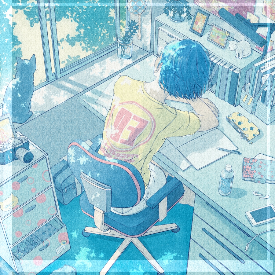 1girl aqua_hair black_cat bottle camera cat chair commentary desk from_behind indoors original paper phone print_shirt shadow shirt short_hair short_sleeves sitting skirt solo wacca005 white_skirt window yellow_shirt