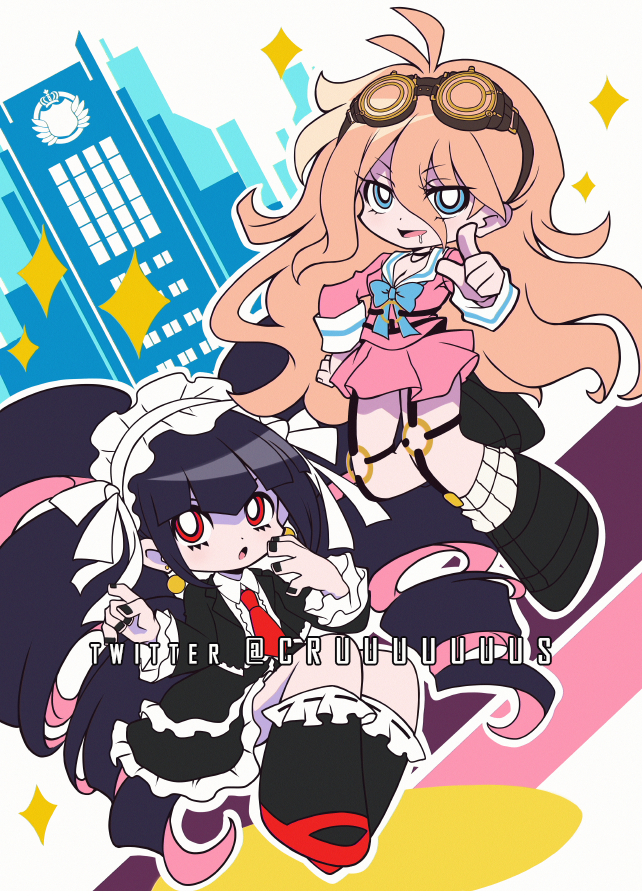 +_+ 2girls ahoge bandages black_hair black_legwear black_nails blonde_hair blue_eyes celestia_ludenberg criis-chan dangan_ronpa:_trigger_happy_havoc dangan_ronpa_(series) dangan_ronpa_v3:_killing_harmony dress drill_hair english_commentary gloves goggles goggles_on_head gothic_lolita iruma_miu kneehighs lolita_fashion long_hair long_sleeves multicolored_hair multiple_girls necktie open_mouth panty_&amp;_stocking_with_garterbelt parody pink_hair red_eyes school_uniform sparkle sparkle_background style_parody trait_connection twin_drills twintails twitter_username two-tone_hair