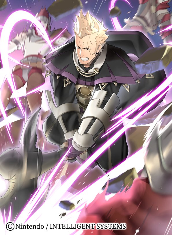 armor attack axe blonde_hair brady_(fire_emblem) debris fire_emblem fire_emblem_awakening fire_emblem_cipher gauntlets helmet holding holding_axe holding_weapon homa_kura looking_down open_mouth rock scar scar_across_eye teeth weapon