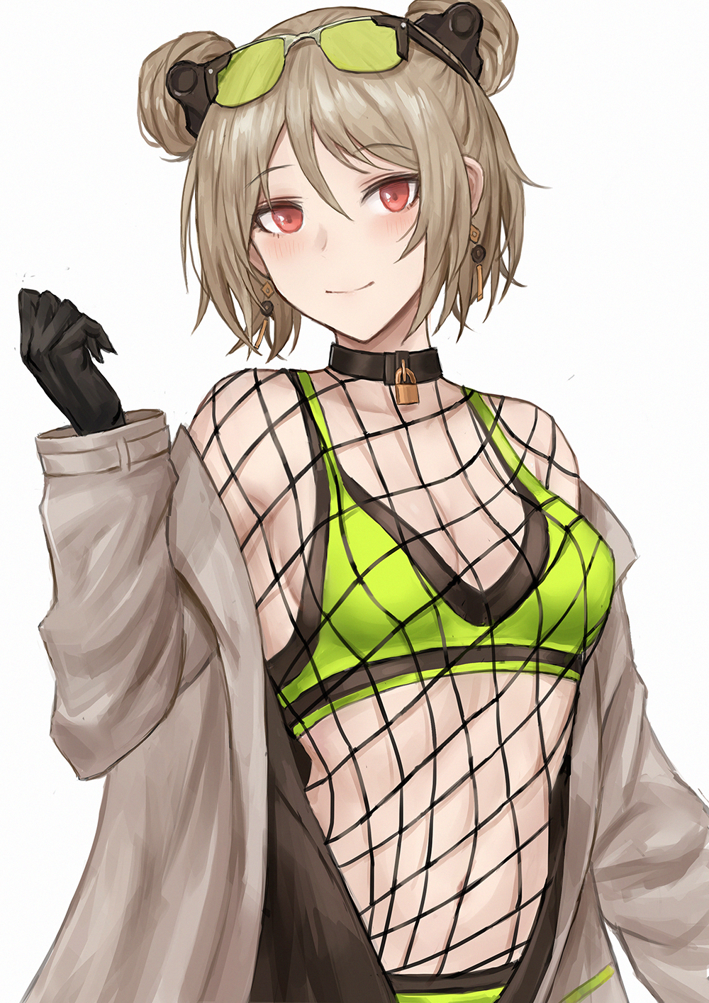 1girl alternate_costume bare_shoulders black_choker black_gloves breasts brown_hair choker closed_mouth crop_top double_bun duplicate earrings eyewear_on_head fishnets girls_frontline gloves grey_jacket hair_ornament hand_up highres jacket jewelry long_sleeves looking_at_viewer medium_breasts midriff navel off_shoulder open_clothes open_jacket p90_(girls_frontline) red_eyes selcky short_hair simple_background sleeveless smile solo sports_bra stomach sunglasses upper_body white_background
