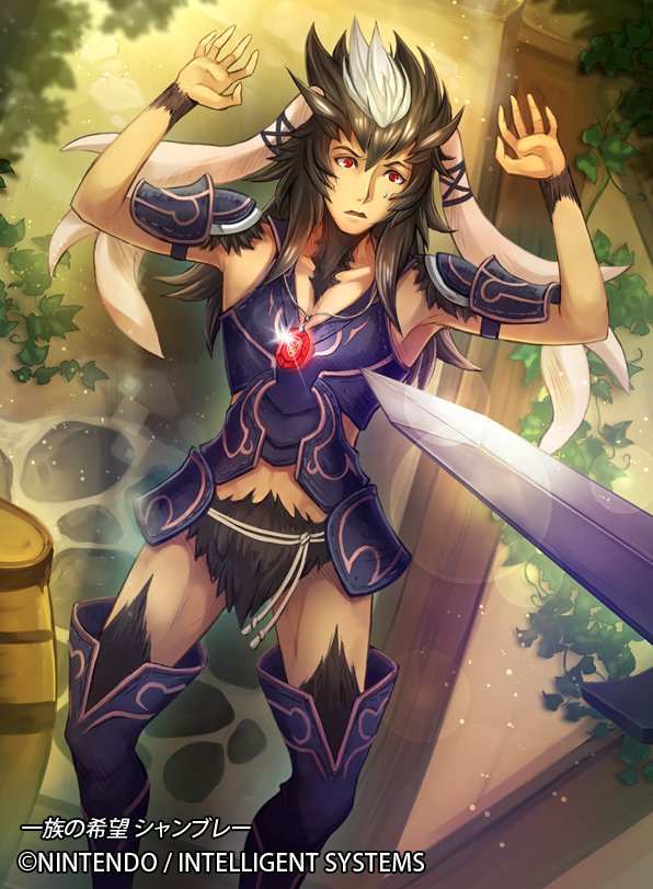 1boy animal_ears armor arms_up barrel brown_hair fire_emblem fire_emblem_awakening fire_emblem_cipher fur nekobayashi official_art open_mouth plant red_eyes shiny shoulder_armor stone sword thigh-highs vines weapon white_hair yarne_(fire_emblem)