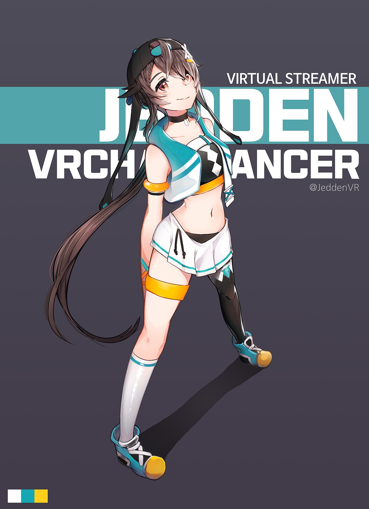 1girl arm_strap arms_behind_back asymmetrical_legwear backwards_hat bare_shoulders baseball_cap black_choker black_headwear black_legwear black_shirt blue_vest brown_hair choker crop_top full_body grey_background hat highres jedden_vr legs_apart long_hair looking_up low_ponytail midriff miniskirt navel orange_eyes pleated_skirt revealing_clothes shirt shoes single_sock single_thighhigh skirt sleeveless sleeveless_shirt smile sneakers socks solo standing thigh-highs thigh_strap very_long_hair vest vrchat white_legwear white_skirt wowhaydia