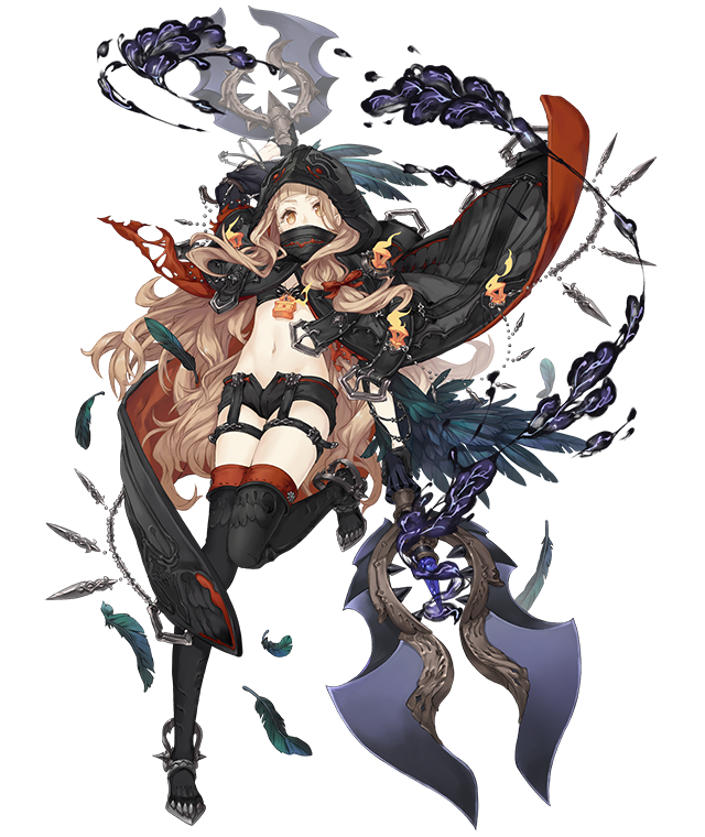 1girl blonde_hair boots cloak feathers full_body hidden_mouth holding holding_weapon hood hooded_cloak ji_no little_red_riding_hood_(sinoalice) lock long_hair looking_at_viewer midriff navel official_art orange_eyes padlock polearm short_shorts shorts sinoalice solo thigh-highs thigh_boots transparent_background weapon