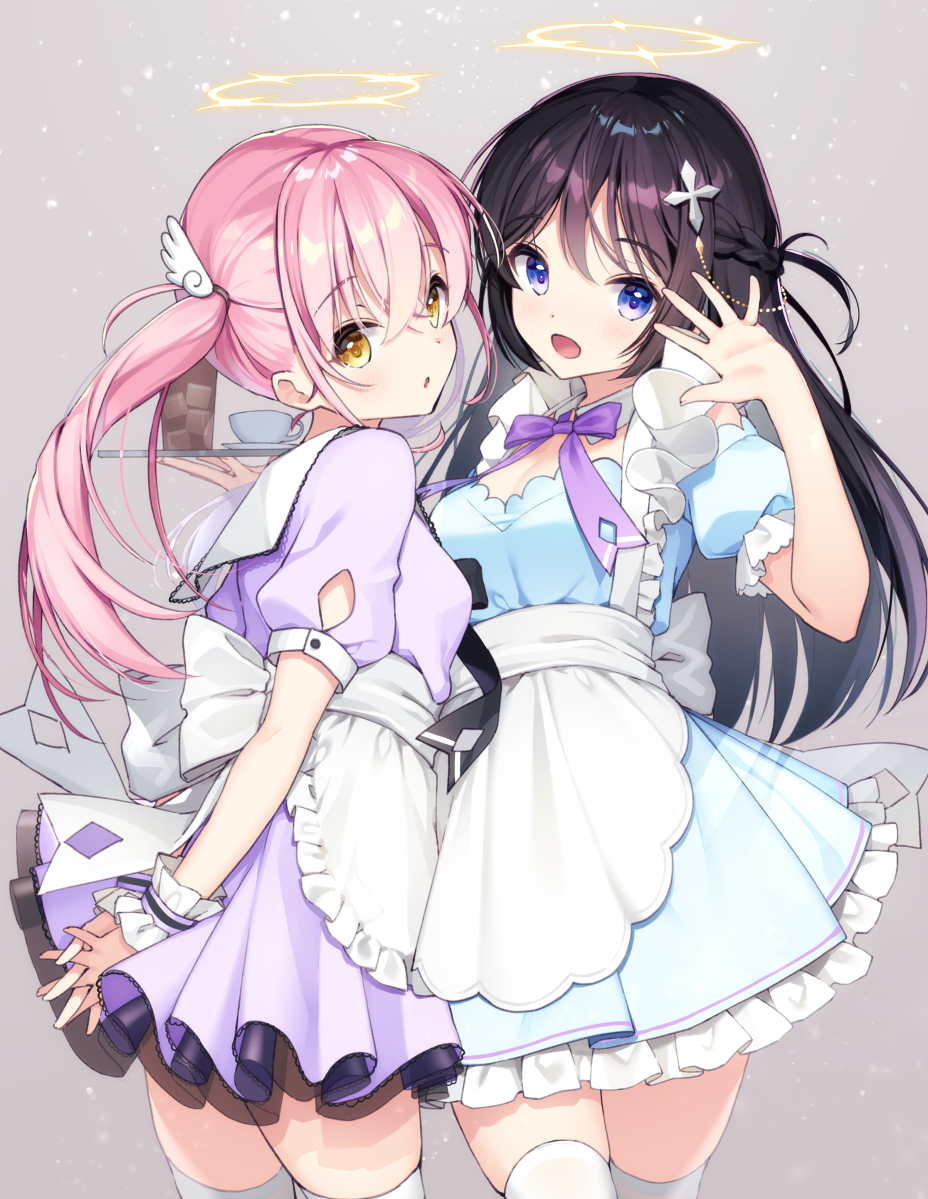 2girls :d :o angel apron arms_behind_back bangs black_hair blue_eyes blush bow braid breasts commentary cowboy_shot cross_hair_ornament cup dress eyebrows_visible_through_hair frilled_apron frills grey_background hair_between_eyes hair_ornament halo hands_up holding holding_tray maid medium_breasts multiple_girls muninshiki open_mouth original own_hands_together pink_hair puffy_short_sleeves puffy_sleeves purple_bow purple_dress short_sleeves smile standing thigh-highs tray twintails white_apron white_legwear wing_hair_ornament wrist_cuffs yellow_eyes
