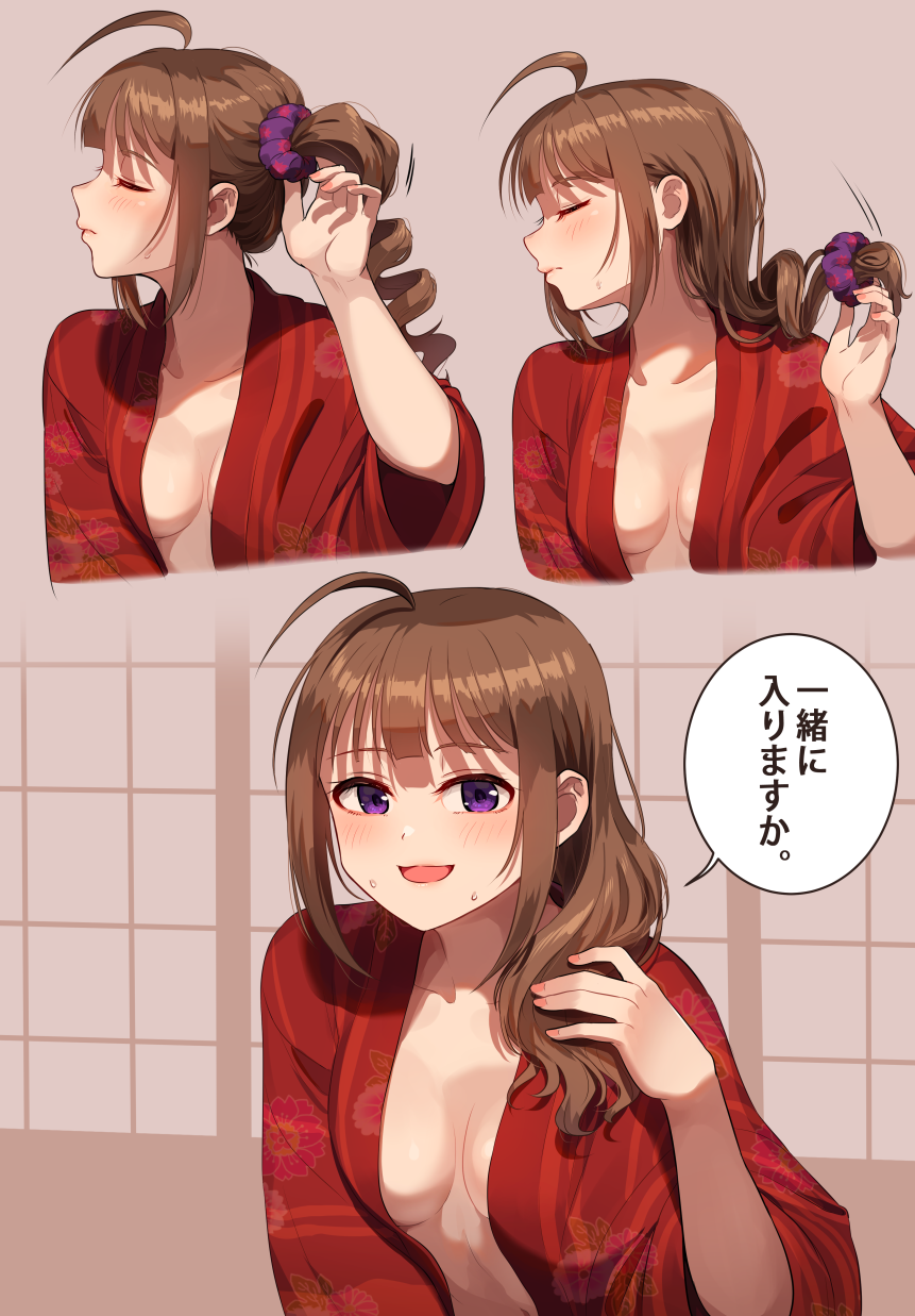 1girl ahoge bangs bath_yukata blush breasts brown_hair closed_eyes closed_mouth commentary drill_hair eyebrows_visible_through_hair hair_down hair_over_shoulder half-closed_eyes highres idolmaster idolmaster_million_live! japanese_clothes kamille_(vcx68) kimono long_hair long_sleeves looking_at_viewer medium_breasts motion_lines multiple_views open_clothes open_kimono open_mouth purple_scrunchie red_kimono scrunchie shouji side_drill side_ponytail sliding_doors smile sweat violet_eyes yokoyama_nao yukata