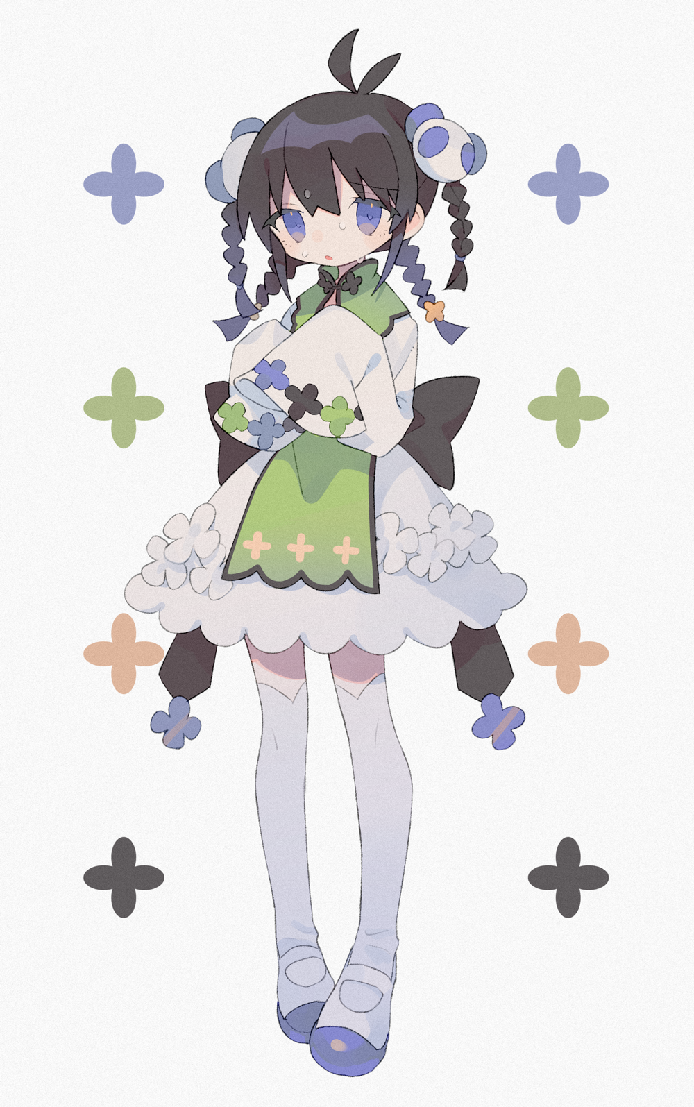 1girl :o antenna_hair back_bow bangs black_bow black_hair black_ribbon blue_eyes bow braid chinese_clothes daizu_(melon-lemon) dress film_grain flower_(symbol) from_side full_body furrowed_eyebrows gradient_eyes grey_background hair_between_eyes hair_ornament hands_up high_collar highres large_bow long_hair long_sleeves looking_at_viewer looking_to_the_side multicolored multicolored_eyes multiple_braids no_nose original over-kneehighs panda panda_hair_ornament parted_lips pigeon-toed quad_braids quad_tails ribbon shiny shiny_hair shoes short_dress sidelocks simple_background sleeves_past_fingers sleeves_past_wrists solo standing sweat tabard thigh-highs two-tone_footwear uwabaki white_dress white_footwear white_legwear wide_sleeves