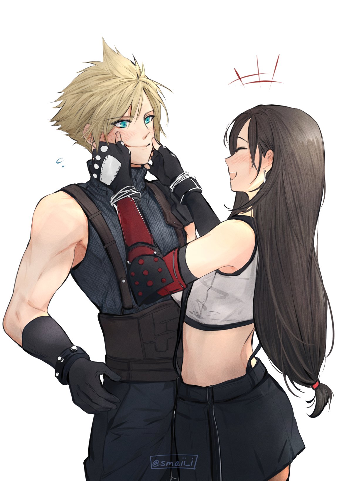 1boy 1girl bare_shoulders black_hair black_skirt blonde_hair blue_eyes cheek_pinching closed_eyes closed_mouth cloud_strife commentary cowboy_shot elbow_gloves final_fantasy final_fantasy_vii from_side gloves highres long_hair low-tied_long_hair maiii_(smaii_i) midriff miniskirt open_mouth pinching short_hair simple_background skirt sleeveless smile spiky_hair suspender_skirt suspenders tifa_lockhart white_background