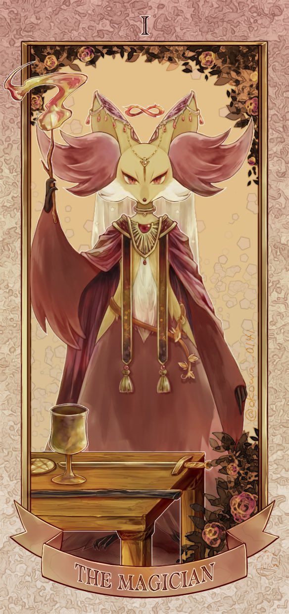 clothed_pokemon commentary delphox fire flower framed gen_6_pokemon goblet highres holding holding_stick jewelry looking_at_viewer okowa_0141 orange_eyes pokemon pokemon_(creature) roman_numeral solo standing stick sword table tarot the_magician_(tarot) weapon