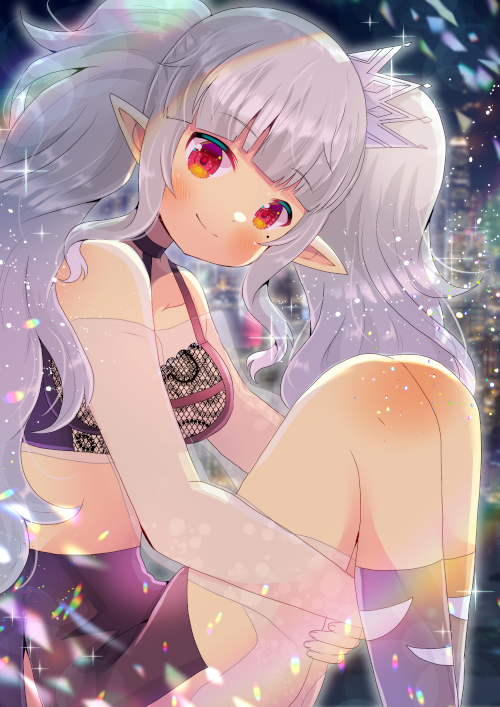 1girl bangs bare_shoulders black_skirt blush breasts closed_mouth commentary_request elbow_gloves eyebrows_visible_through_hair feet_out_of_frame gloves grey_legwear indie_virtual_youtuber knees_up kouu_hiyoyo leg_hug long_hair looking_at_viewer looking_to_the_side medium_breasts mole mole_under_eye pointy_ears red_eyes silver_hair sitting skirt smile socks solo sumipup twintails very_long_hair white_gloves