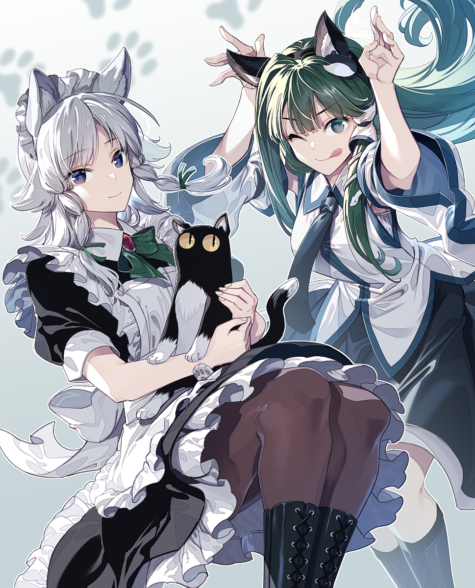 2girls animal animal_ears apron arms_up bangs black_legwear blue_eyes boots bow bowtie brooch cat cat_ears cross-laced_footwear detached_sleeves eyebrows_visible_through_hair frog_hair_ornament green_hair hair_ornament hair_tubes highres holding holding_animal holding_cat izayoi_sakuya jewelry kemonomimi_mode kochiya_sanae lace-up_boots looking_at_viewer maid_apron maid_headdress multiple_girls necktie one_eye_closed pantyhose paw_print petticoat short_sleeves silver_hair skirt snake_hair_ornament tongue tongue_out touhou waist_bow zounose