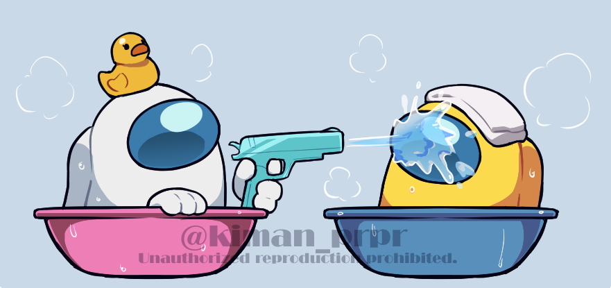 among_us bowl crewmate_(among_us) disembodied_limb grey_background gun holding holding_gun holding_weapon kiman looking_at_another original repost_notice rubber_duck spacesuit water water_gun watermark weapon wet white_(among_us) yellow_(among_us)