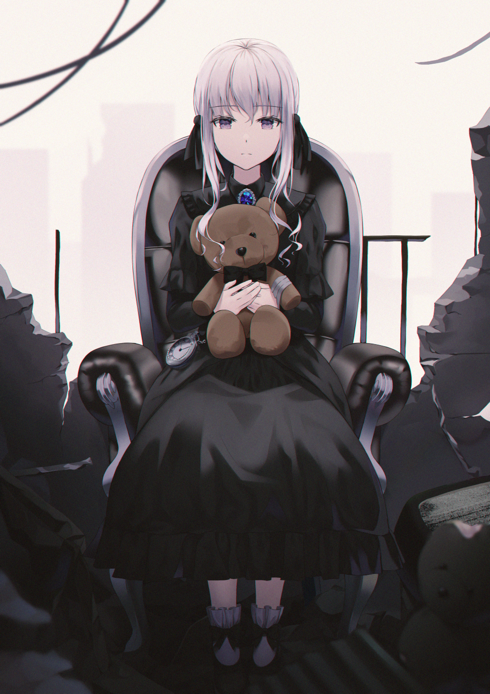 1girl armchair bangs black_bow black_dress black_footwear bow brooch building chair closed_mouth collared_dress commentary_request dress eyebrows_visible_through_hair frilled_dress frills grey_hair hair_between_eyes highres holding holding_stuffed_toy hyonee jewelry long_hair looking_at_viewer on_chair original ruins shoes sitting sky socks solo stuffed_animal stuffed_toy teddy_bear violet_eyes white_legwear
